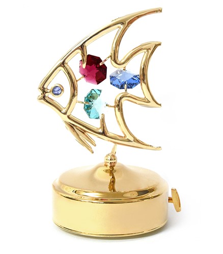 24k Gold Plated Fish Music Box w/Mixed Swarovski Element Crystal