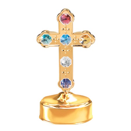 24k Gold Plated Large Cross Music Box w/Mixed Swarovski Element Crystal