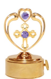 24k Gold Plated Cross in Heart Music Box w/PurpleSwarovski Element Crystal