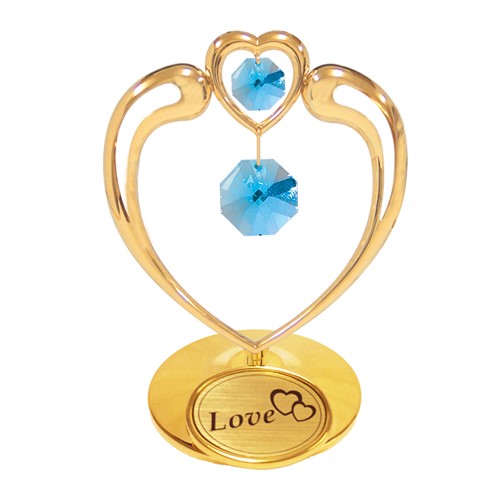 24K Gold Large Crystal In Heart On Stand W/Blue Swarovski | Mascot USA