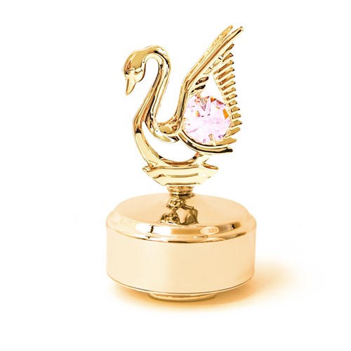 24k Gold Plated Mini Swan Music Box w/Pink Swarovski Element Crystal