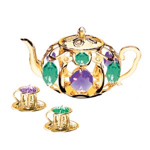 24k Gold Tea Set w/ 2 Cups Free Standing/Purple & Emerald Swarovski Element