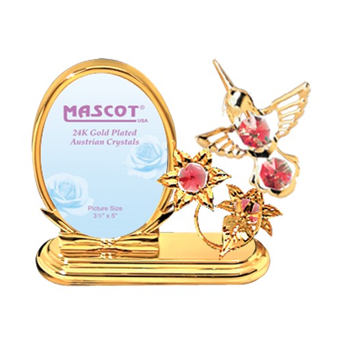 24K Gold Hummingbird/Flowers Oval Picture Frame w/ Swarovski Element (Green/Red)