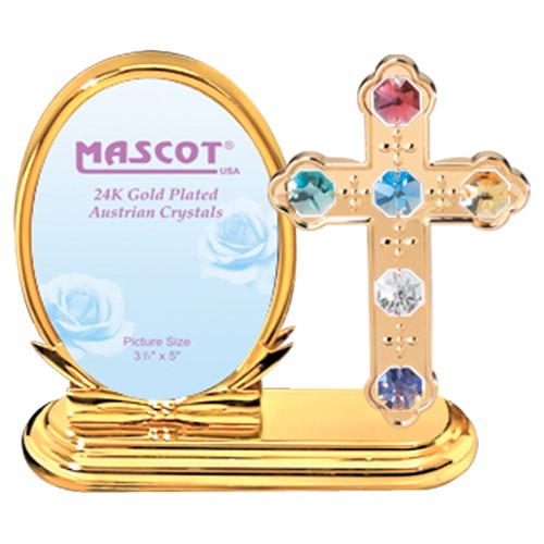 24K Gold Plated Cross Oval Picture Frame w/Mixed Swarovski Element Crystal