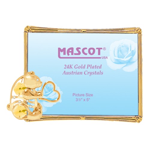 24K Gold Bear w/Heart Rectangular Picture Frame w/Swarovski Element (Blue/Gold)