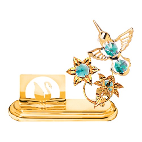 24k Gold Plated Hummingbird/Flowers Card Holder w/Green Swarovski Element Crysta