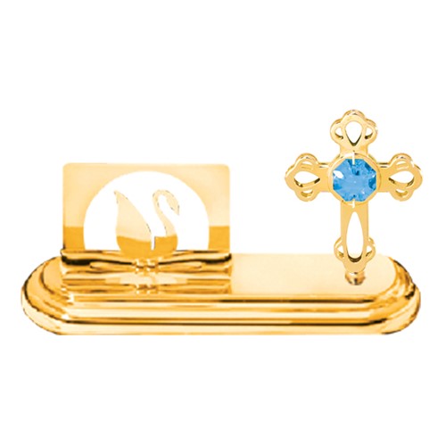 24k Gold Plated Cross Card Holder w/Blue Swarovski Element Crystal