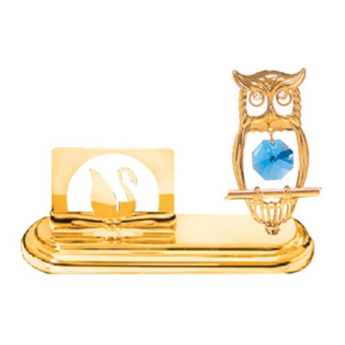 24K Gold Plated Owl Card Holder W/Blue Swarovski | Mascot USA