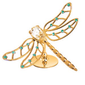 24k Gold Plated Dragonfly on Stand w/ Swarovski Element Crystal (Blue/Green/Red)