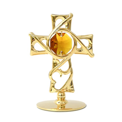 24k Gold Plated Thorned Cross on Stand w/Gold Swarovski Element Crystal