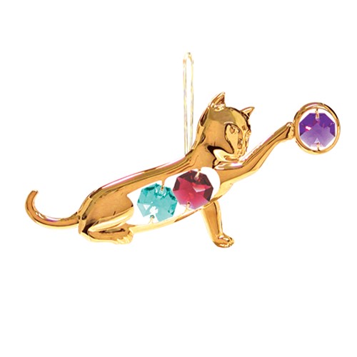24K Gold Plated Cat W/Ball Ornament W/Swarovski | Mascot USA