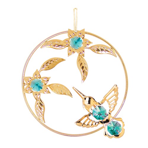 24K Gold Plated Hummingbird In Flower Ring Ornament W/Swarovski | Mascot USA