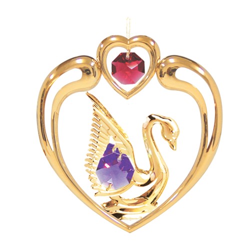 24K Gold Plated Swan In Heart Ornament W/Swarovski | Mascot USA