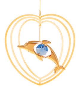 24k Gold Plated Dolphin in Heart Ornament w/Swarovski Element Crystal (6 colors)