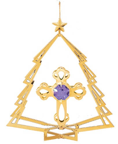 24K Gold Plated Cross In Tree Ornament W/Swarovski | Mascot USA