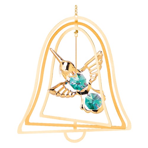 24k Gold Plated Hummingbird Bell Ornament w/Green Swarovski Element Crystal