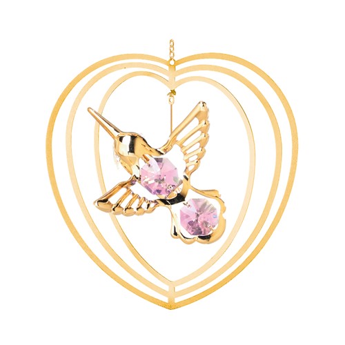 Gold Plated Hummingbird Heart Ornament w/ Swarovski Element Crystal (9 Colors)