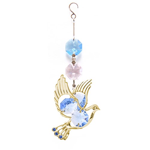 24k Gold Plated Dove Hanging Charm Ornament w/Blue Swarovski Element Crystal
