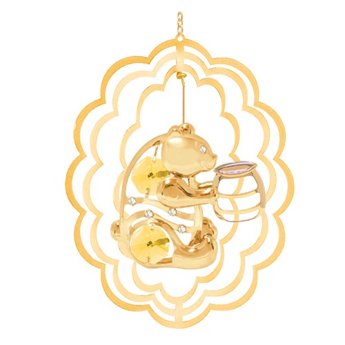 24k Gold Plated Bear w/Honey Jar Oval Ornament w/Swarovski Element (Blue/Gold)