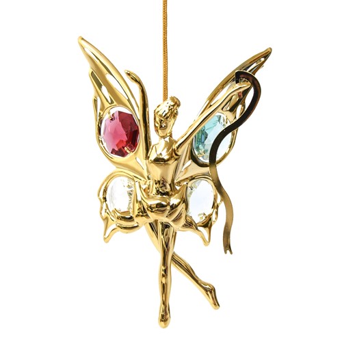 24K Gold Plated Fairy W/Ribbon Ornament W/Mixed Swarovski | Mascot USA