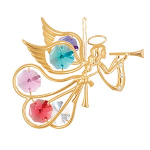 24K Gold Plated Flying Angel W/Trumpet Ornament/Mixed Swarovski | Mascot USA