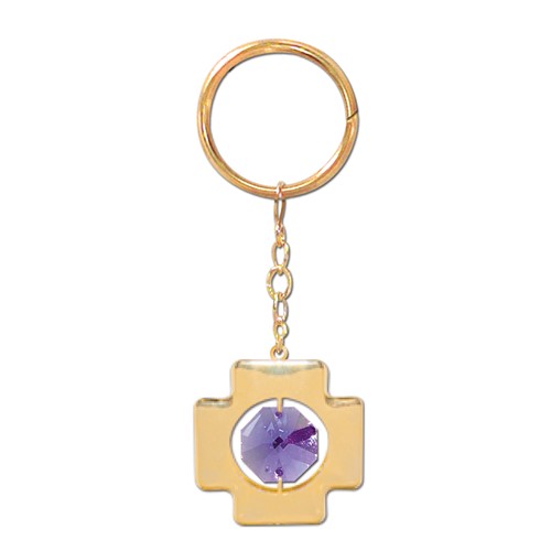 24k Gold Plated Cross Icon Key Chain w/Purple Swarovski Element Crystal