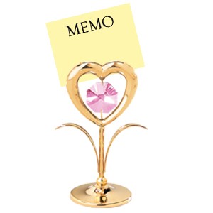 24K Gold Plated Flower W/ Heart Memo Holder W/Pink Swarovski | Mascot USA