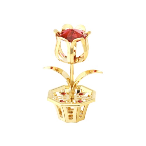 24K Gold Plated Mini Flower In Pot Tabletop W/ Red Swarovski | Mascot USA