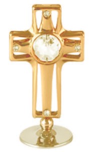 24k Gold Plated Cross on Stand w/Clear Swarovski Element Crystal
