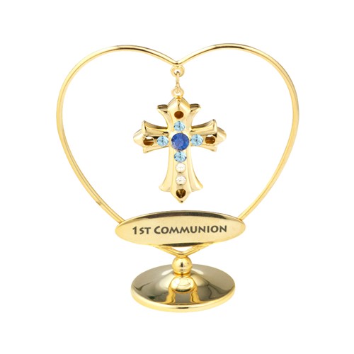 24k Gold Plated Cross in Heart w/"1st Communion" on Stand w/Swarovski Element