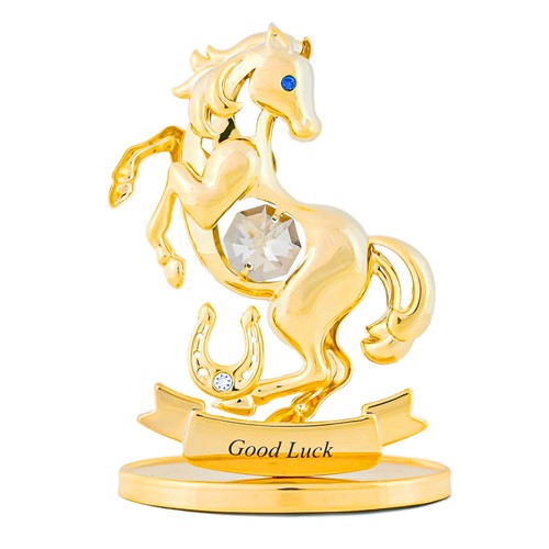 24k Gold Plated Horse & Horseshoe w/"Good Luck" on Stand w/Swarovski Element