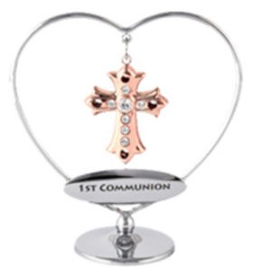 Rose Gold Plated Cross in Heart w/"1st Communion" on Stand w/Swarovski Element