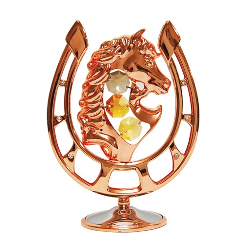 Rose Gold Plated Horseshoe w/Horse Head on Stand w/Swarovski Element Crystal
