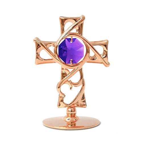 Rose Gold Plated Thorned Cross on Stand w/Red Swarovski Element Crystal