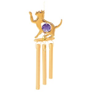 24k Gold Plated Cat Wind Chimes w/Purple Swarovski Element Crystal