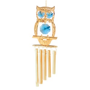 24k Gold Plated Hooded Owl Wind Chimes w/Blue Swarovski Element Crystal