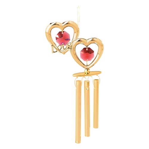 24k Gold Plated Twin Hearts "Love" Wind Chime w/ Swarovski Crystals (Pink/Red)