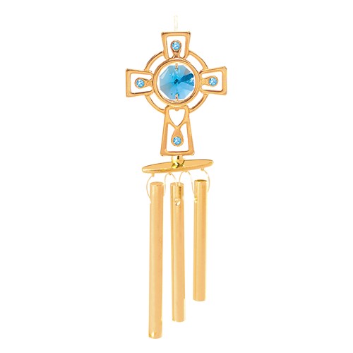 24k Gold Plated Celtic Cross Wind Chimes/Swarovski Element Crystal (Blue/Green)