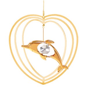 24k Gold Plated Dolphin in Heart Ornament w/Clear Swarovski Element Crystal