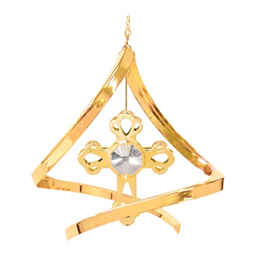 24k Gold Plated Cross Propelling Spiral w/Clear Swarovski Element Crystal