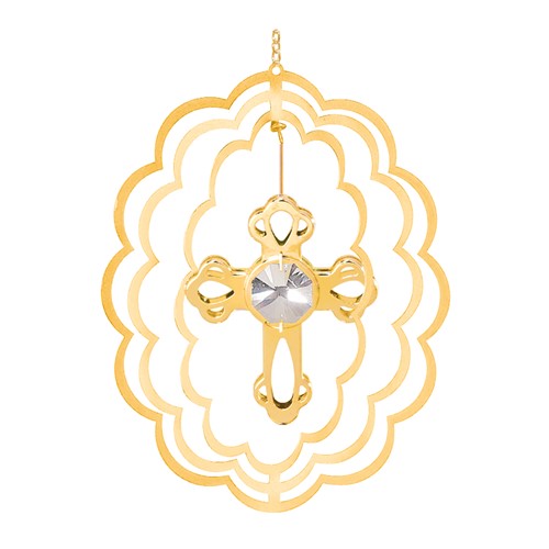 24k Gold Plated Cross Oval Ornament w/Clear Swarovski Element Crystal