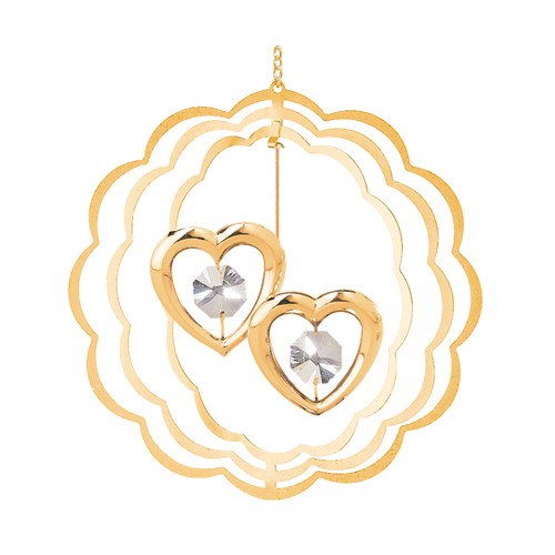 24k Gold Plated Twin Hearts Circle Ornament w/Clear Swarovski Element Crystal