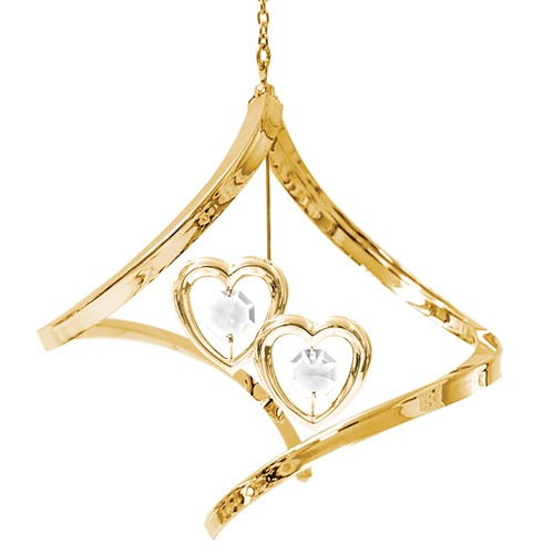 24k Gold Plated Twin Hearts Propelling Spiral w/Clear Swarovski Element Crystal