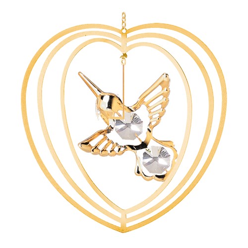 24k Gold Plated Hummingbird Heart Ornament w/Clear Swarovski Element Crystal
