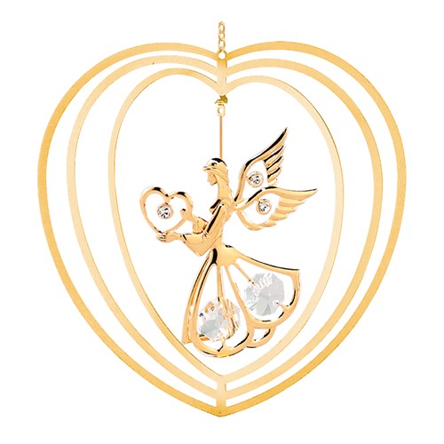 24k Gold Plated Angel w/Heart Heart Ornament w/Clear Swarovski Element Crystal