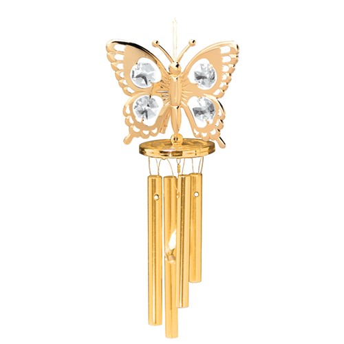 24k Gold Plated Butterfly Wind Chimes w/Clear Swarovski Element Crystal