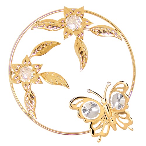 24k Gold Plated Butterfly/Flowers Magnet w/Clear Swarovski Element Crystal