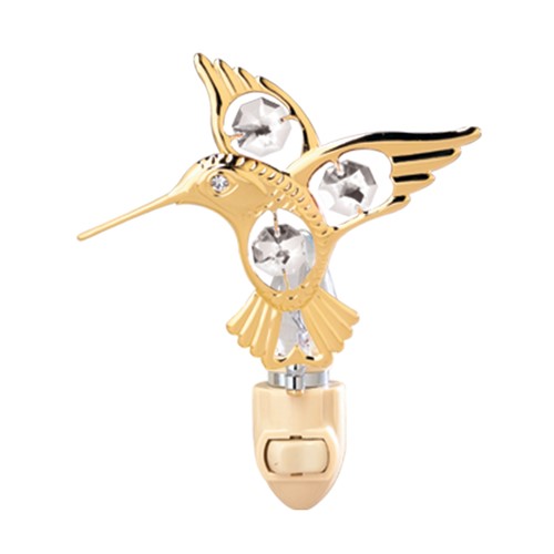 24k Gold Plated Hummingbird Night Light w/Clear Swarovski Element Crystal