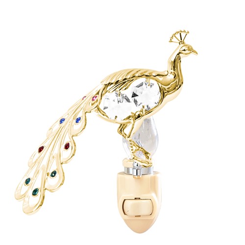 24k Gold Plated Peacock Night Light w/Clear Swarovski Element Crystal