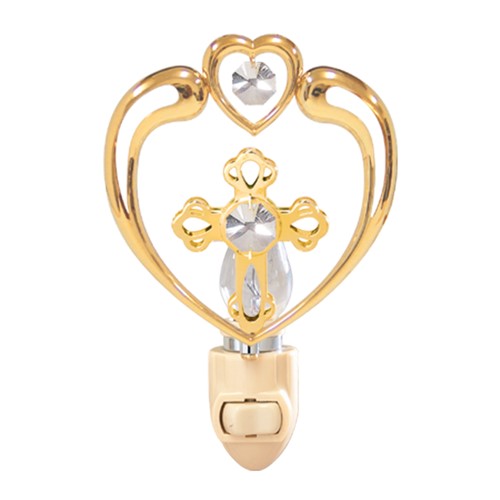 24k Gold Plated Cross in Heart Night Light w/Clear Swarovski Element Crystal